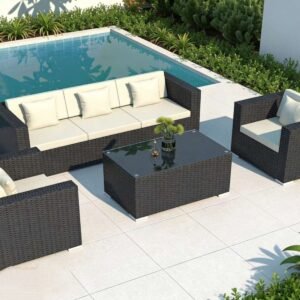 Black Wicker Outdoor Patio 3 1 1 Seater With Glass Top Ottoman Table