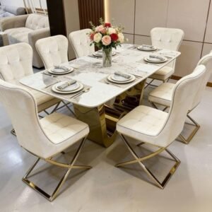 Modern Luxury 6 Seater Dining Set with Marble Stone Top Tabl