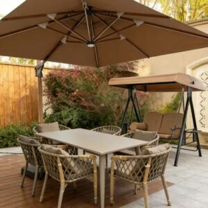 Outdoor Combo Set Of Umbrella,6 Seater Dining Set And 2 Seater Swing Chair